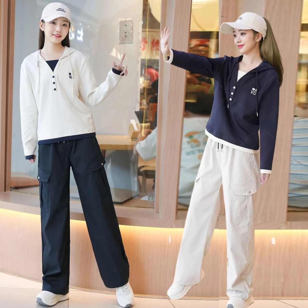 女童秋装工装裤套装2025秋季新款韩版中大童宽松休闲百搭连帽卫衣