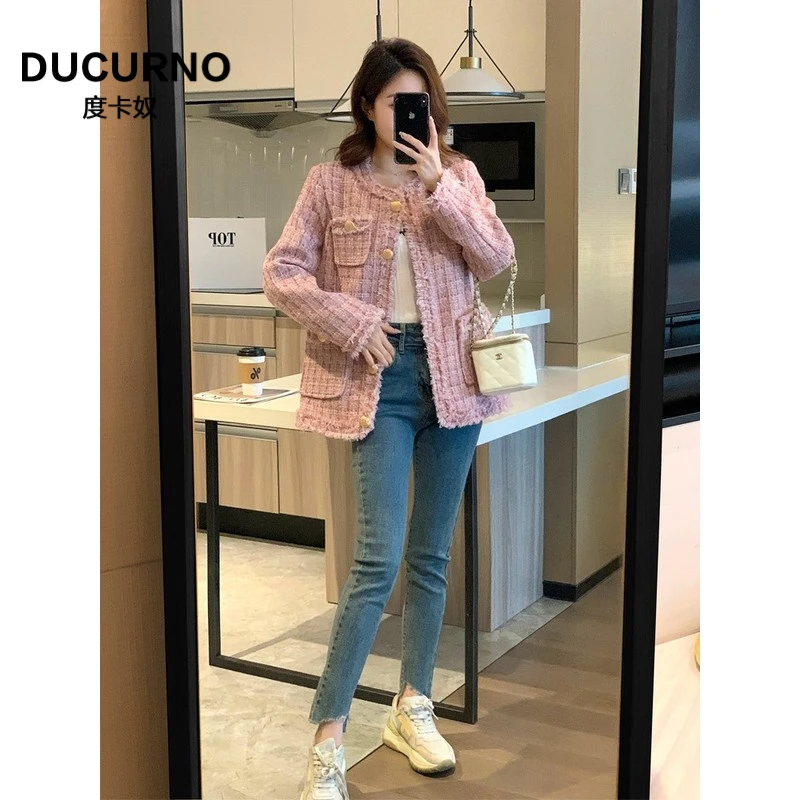 法式小香风粉红色百搭外套女2025春秋新款今年流行中长版气质上衣
