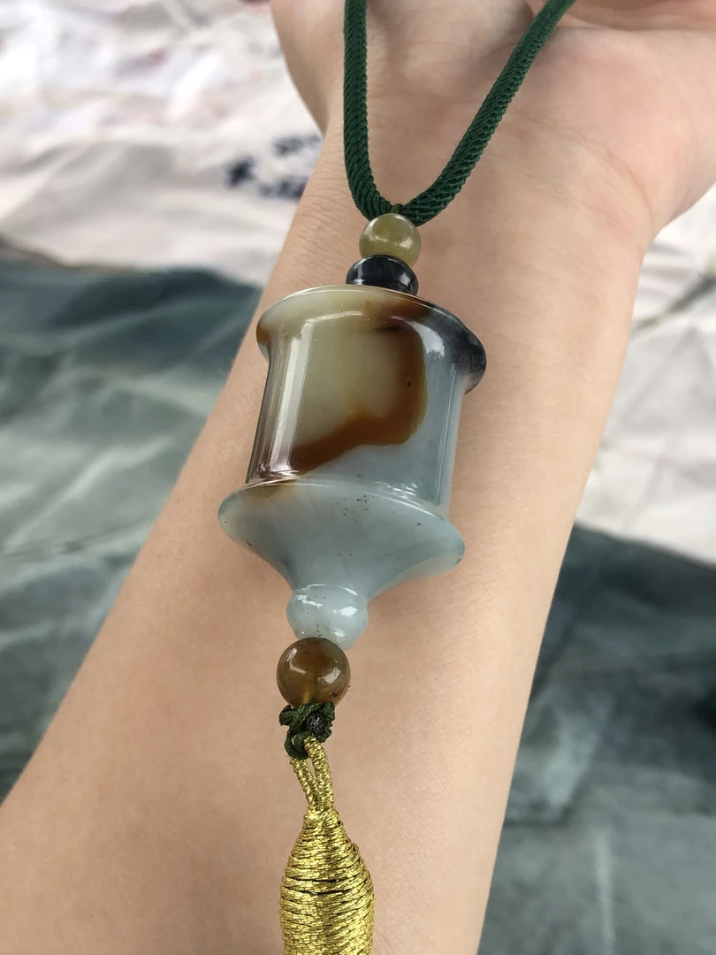 岫玉花玉三色多宝转经筒项链