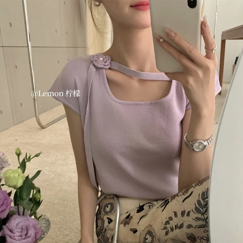 法式漂亮香芋紫色针织衫小飞袖T恤女夏季独特别致绝美飘带上衣女