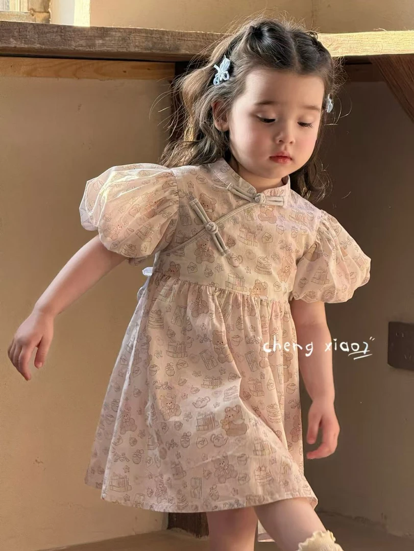 【橙小七】女童中式粉色小熊蓝色格子小狗盘扣连衣裙儿童露背爱心