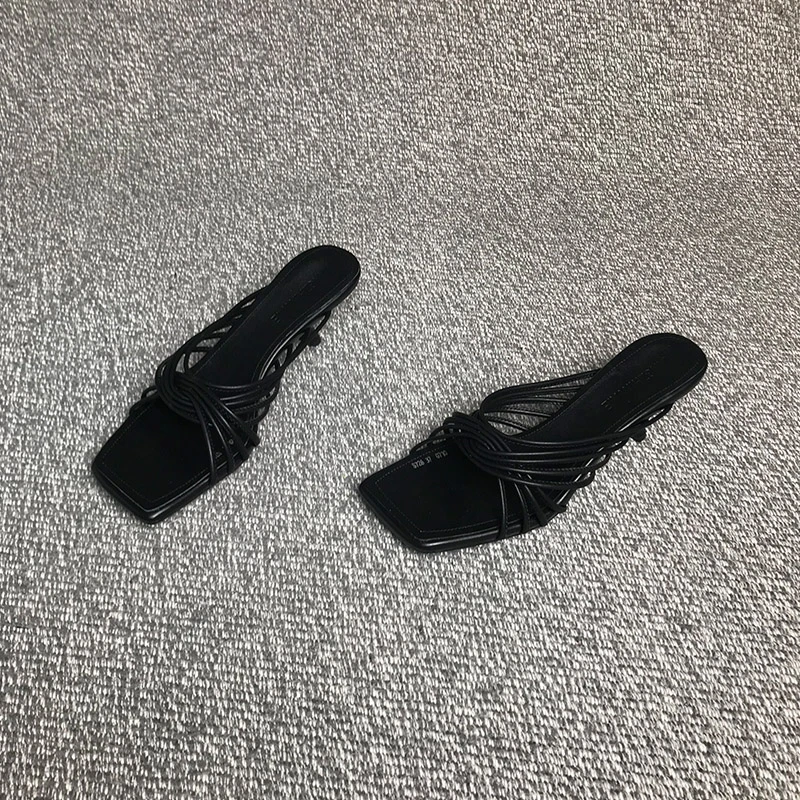 露涵思夏季新款简约小众时髦方头细带组合性感一字拖外穿交叉拖鞋