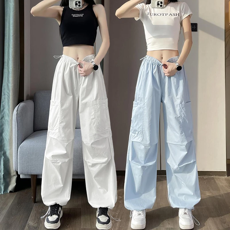 夏季薄款速干工装裤女2025新款宽松纯色休闲裤显瘦高腰运动阔腿裤