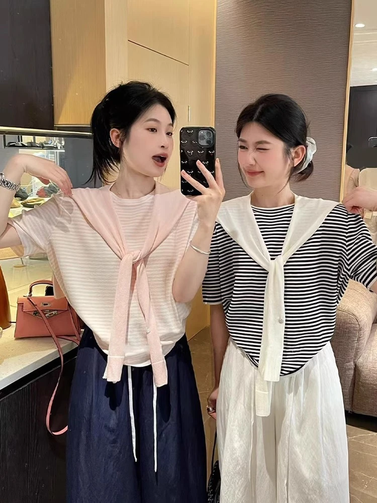法式条纹短袖正肩t恤女夏季小个子独特别致配披肩上衣两件套J1-17