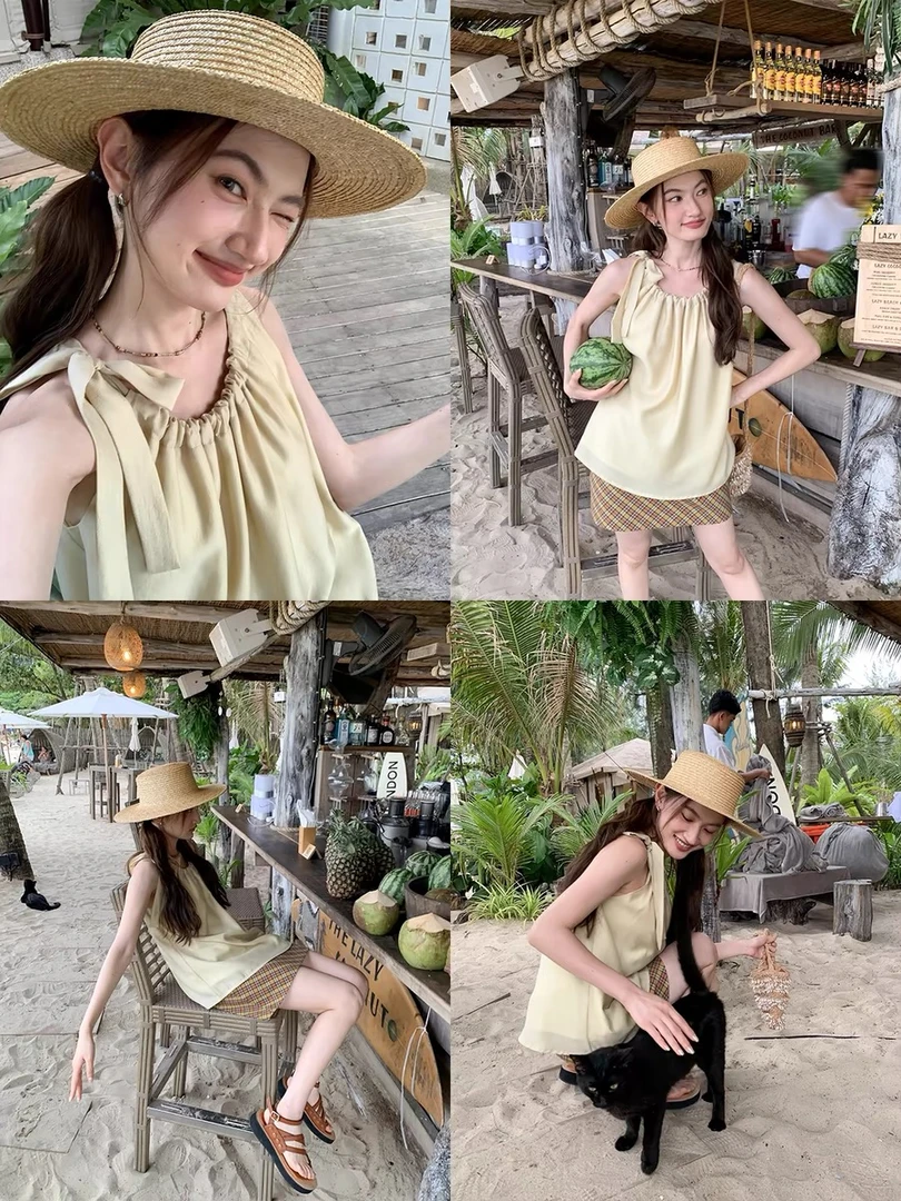 7898夏季新款简约设计感百搭小众抽绳绑带无袖上衣