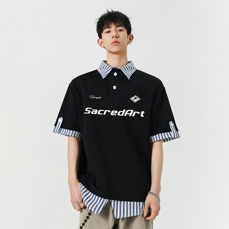 夏季高街短袖T恤男POLO衫宽松翻领polo男士撞色t恤韩版宽松男士