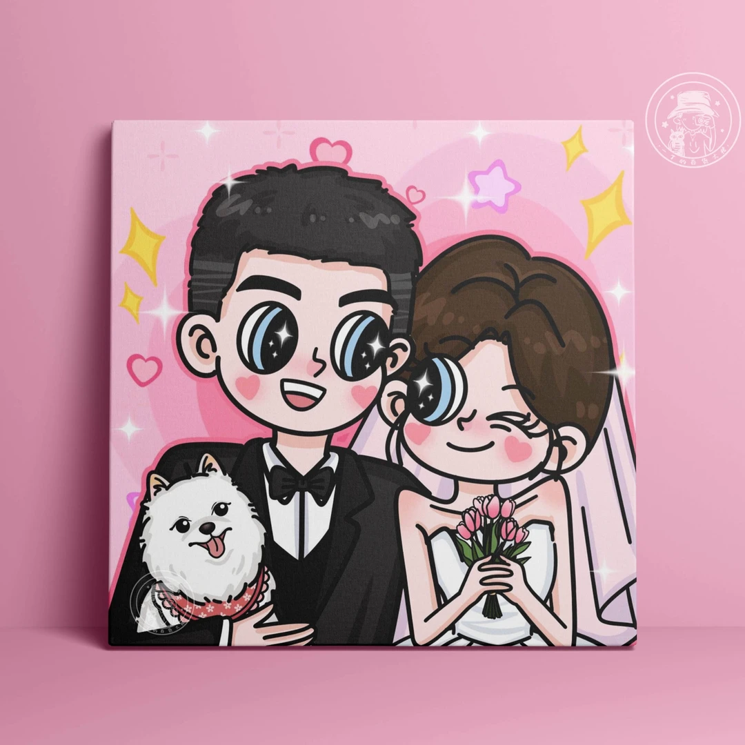 【星蝶风】手绘情侣卡通生日新婚礼物全家福原创装饰画