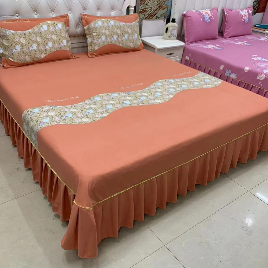 （花开盛典桔色素边）春秋款加厚斜纹亲肤棉单独床裙