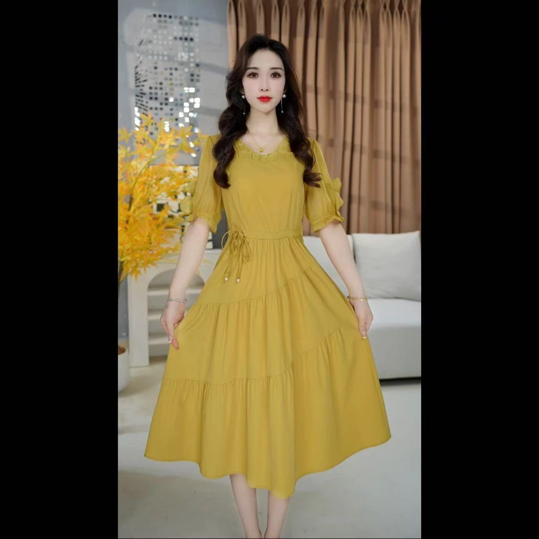 姜黄色黑色收腰连衣裙夏季女装高腰显瘦泡泡袖裙子不规则 25A38