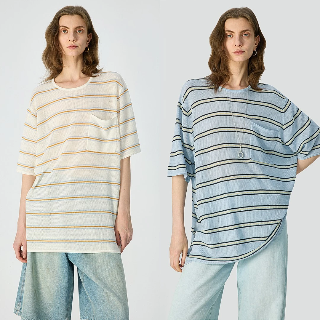 开间/夏季时髦懒人轻柔丝三醋酸慵懒松弛宽松条纹口袋短袖T恤