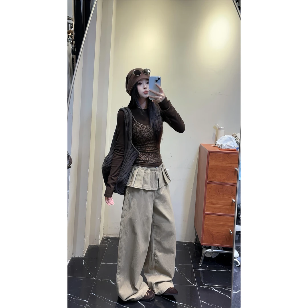 美式花边卡其色休闲裤女2025新款直筒宽松阔腿小众设计褶皱长裤