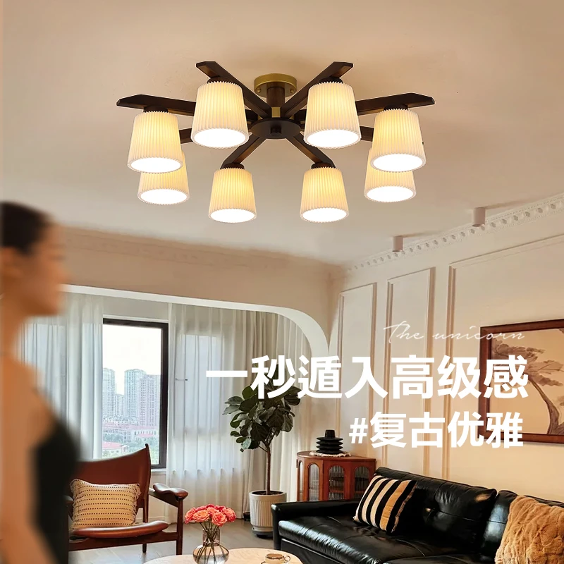 法式复古实木客厅吊灯百褶灯罩卧室半吸顶灯中古餐厅书房灯具casa