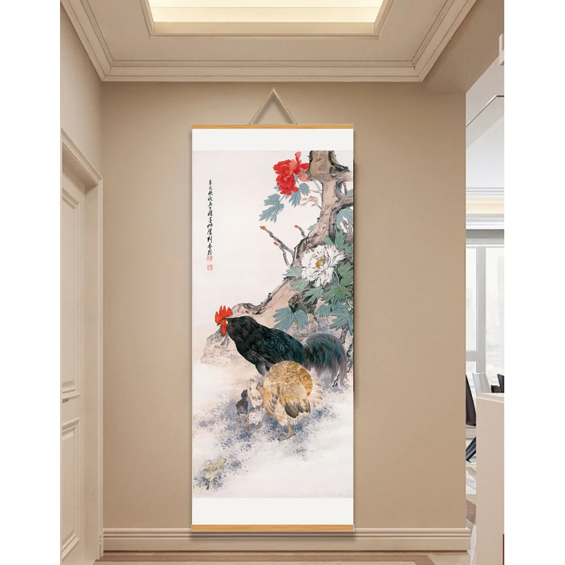 【253鸡鸣富贵图】60x150cm现代简约挂轴装饰画办公室家居装饰画