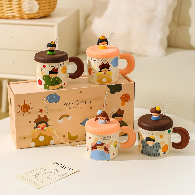 川岛屋可爱马克杯带盖带吸管陶瓷杯子家用喝水办公室情侣对杯礼盒