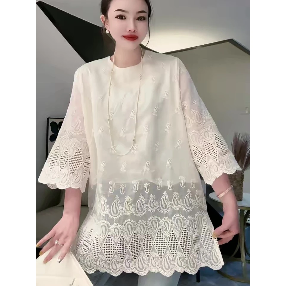 中长款蕾丝提花衬衫上衣女气质减龄镂空透气夏季新款蕾丝衫T恤潮
