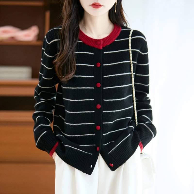 哥弟阿玛施正品法式条纹圆领毛针织开衫女外套新款时髦百搭上衣