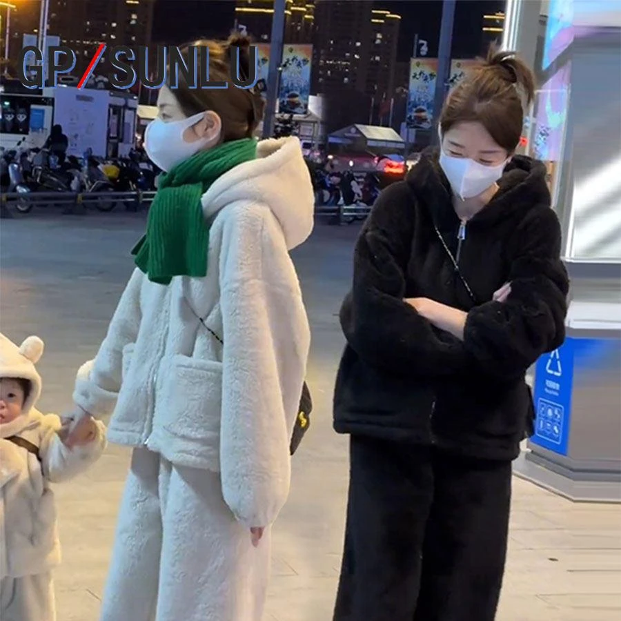 日本小众GP韩版毛绒绒休闲连帽外套女冬季加厚加绒家居服两件套in