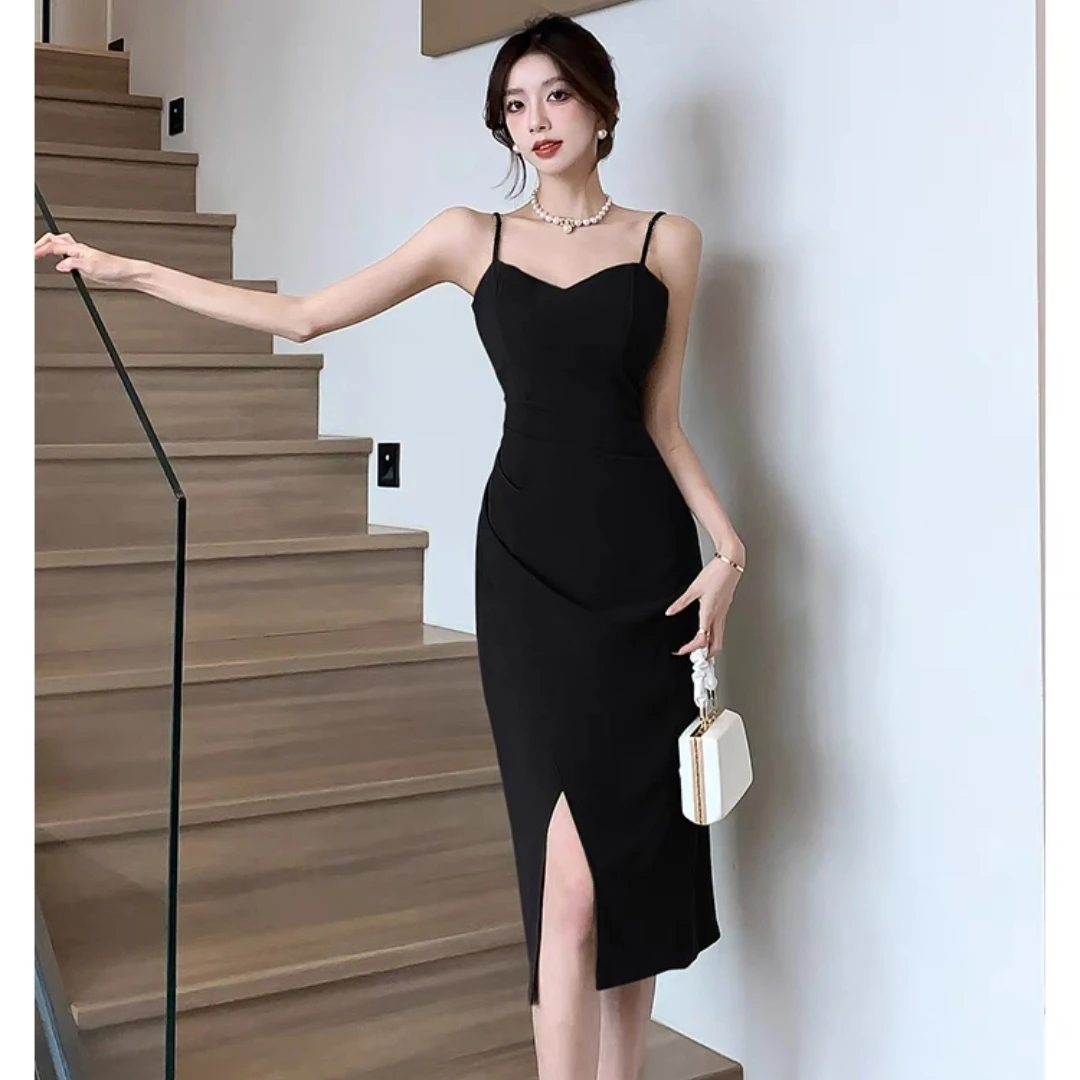 1688A法式气质修身显瘦高级春夏新款吊带裙小黑裙开叉连衣裙