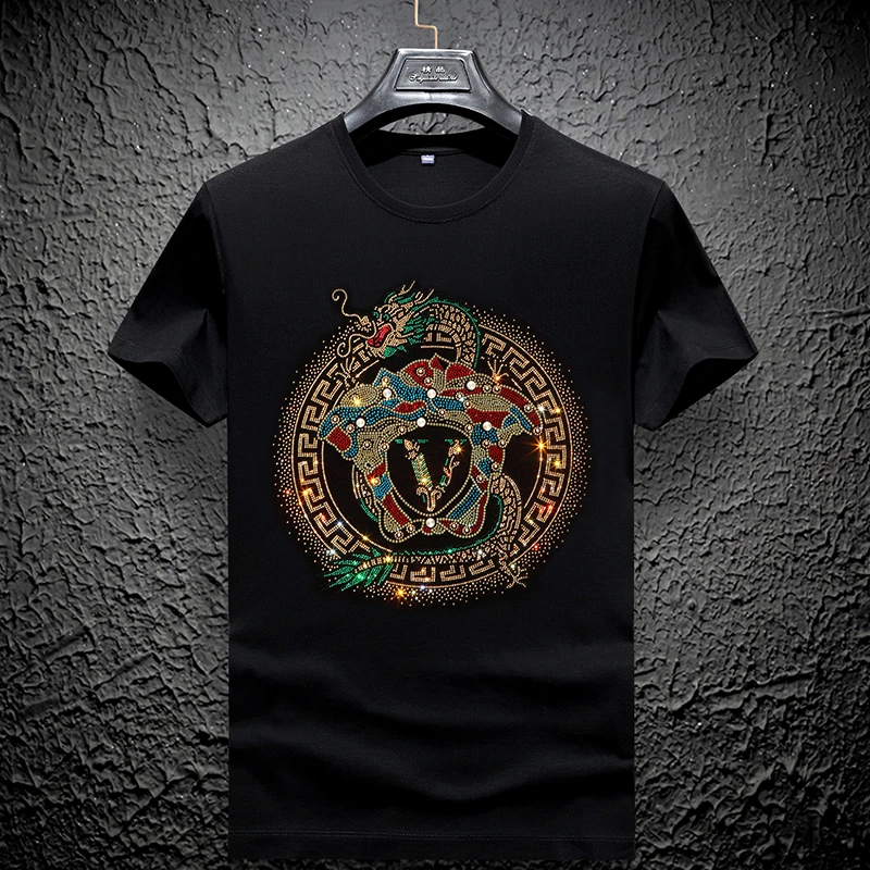 夏季欧美高端大码男装圆领T恤冰丝休闲潮牌美式上衣轻奢痞帅男装