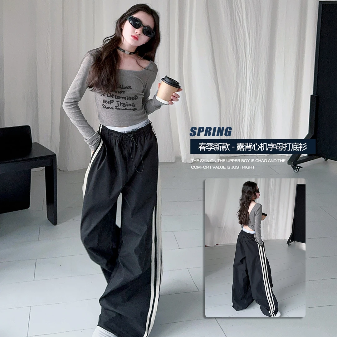 嘻嘻柚】女童春季2025新款韩系露背T恤拉条宽松直筒抽绳工装裤套装