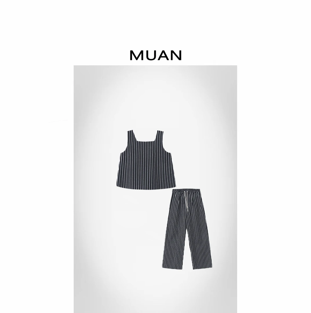 木岸MUAN：《小三宅套装》定制高级简约竖条纹背心长裤套装DS-9004