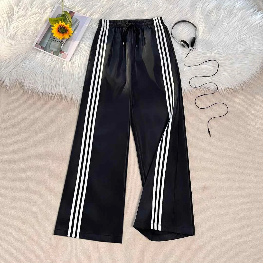 潮牌美式复古条纹直筒宽松长裤男女同款阔腿三条杠休闲运动裤子