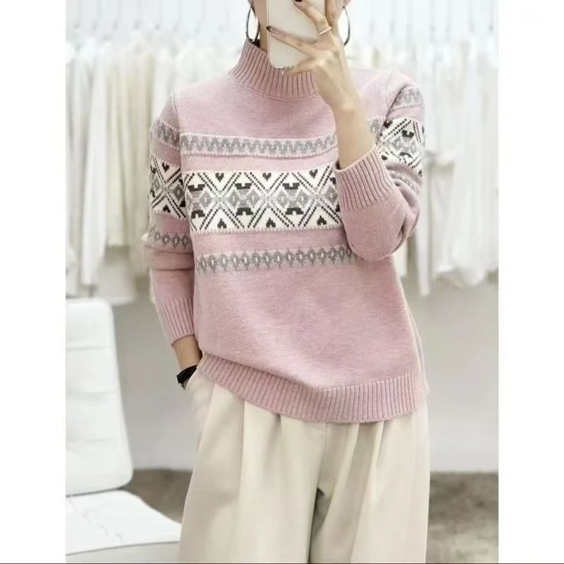 【粉色拼接】半高领针织衫厚毛衣时尚内搭外穿打底衫长袖针织衫