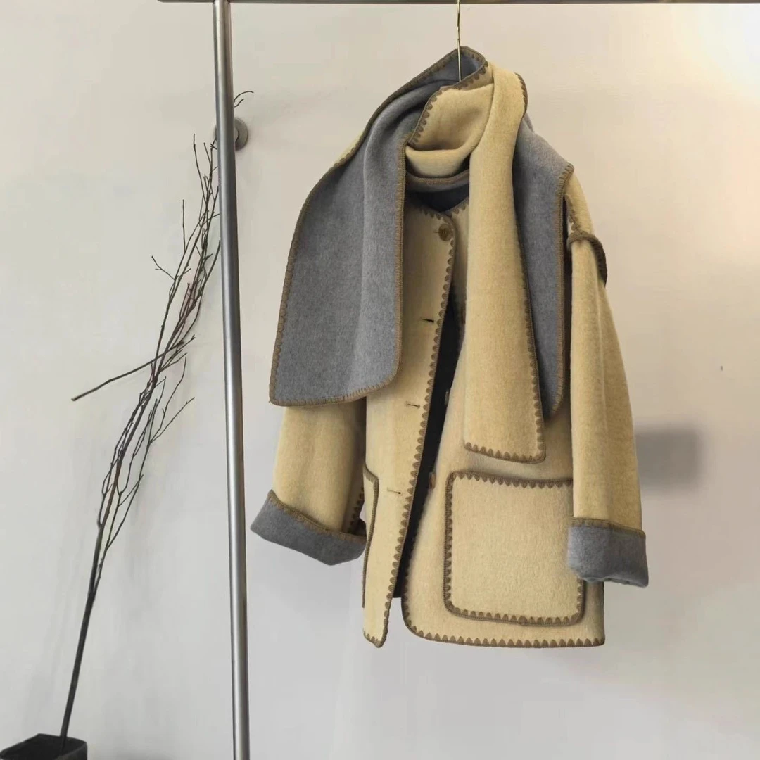 双色两面穿围巾领手工双面呢羊毛呢大衣中长款宽松女外套秋冬新款