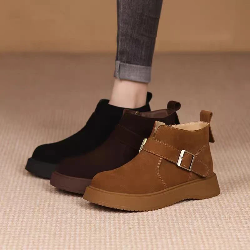 秋冬2025新款真皮百搭短靴复古真皮厚底加绒休闲时尚防滑鞋圆头