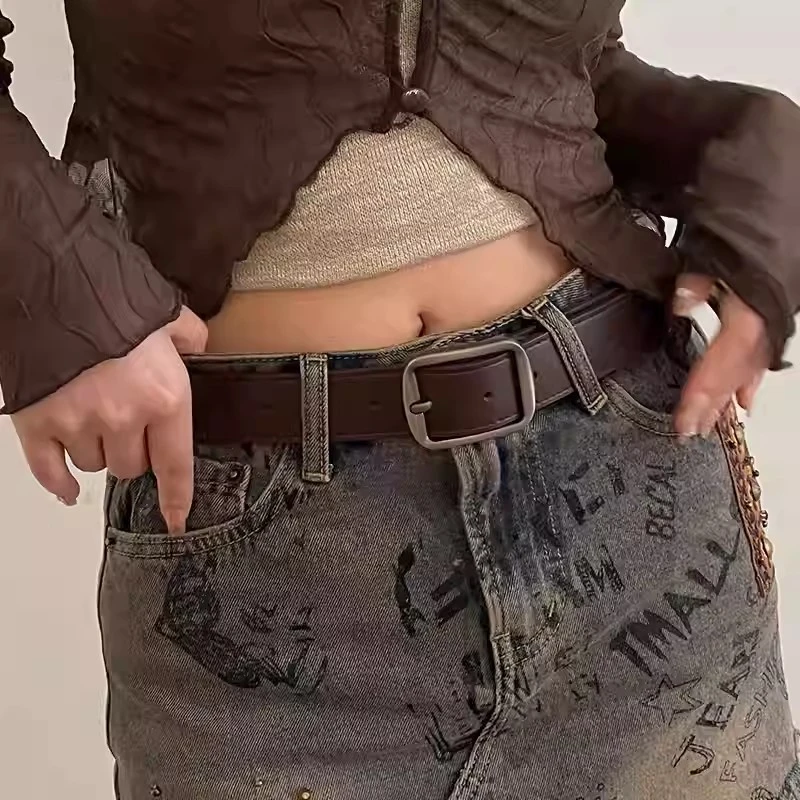 时装中性通勤风！复古咖色皮带女2025新款配牛仔裤带高级感宽腰带