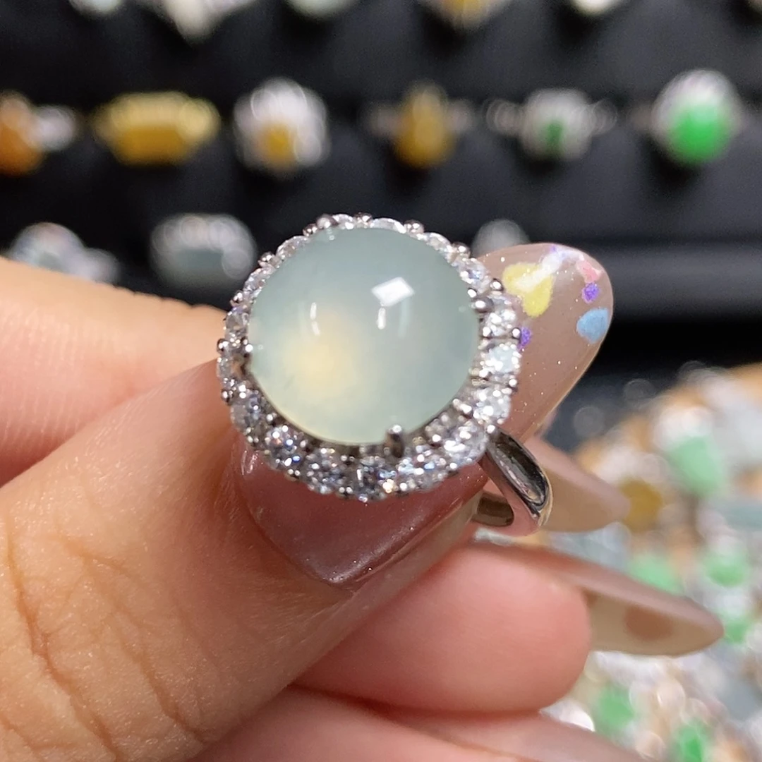 翡翠挂件银S925镶嵌蛋面戒指