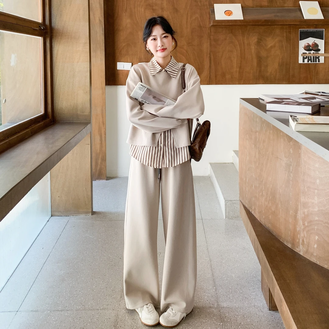 韩版三件套休闲风宽松长袖阔腿裤秋冬时尚卫衣套装女