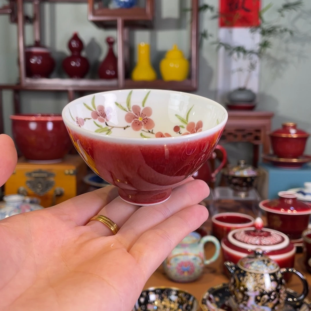 清欢雅玩原矿郎红福利内绘桃花鸡心杯