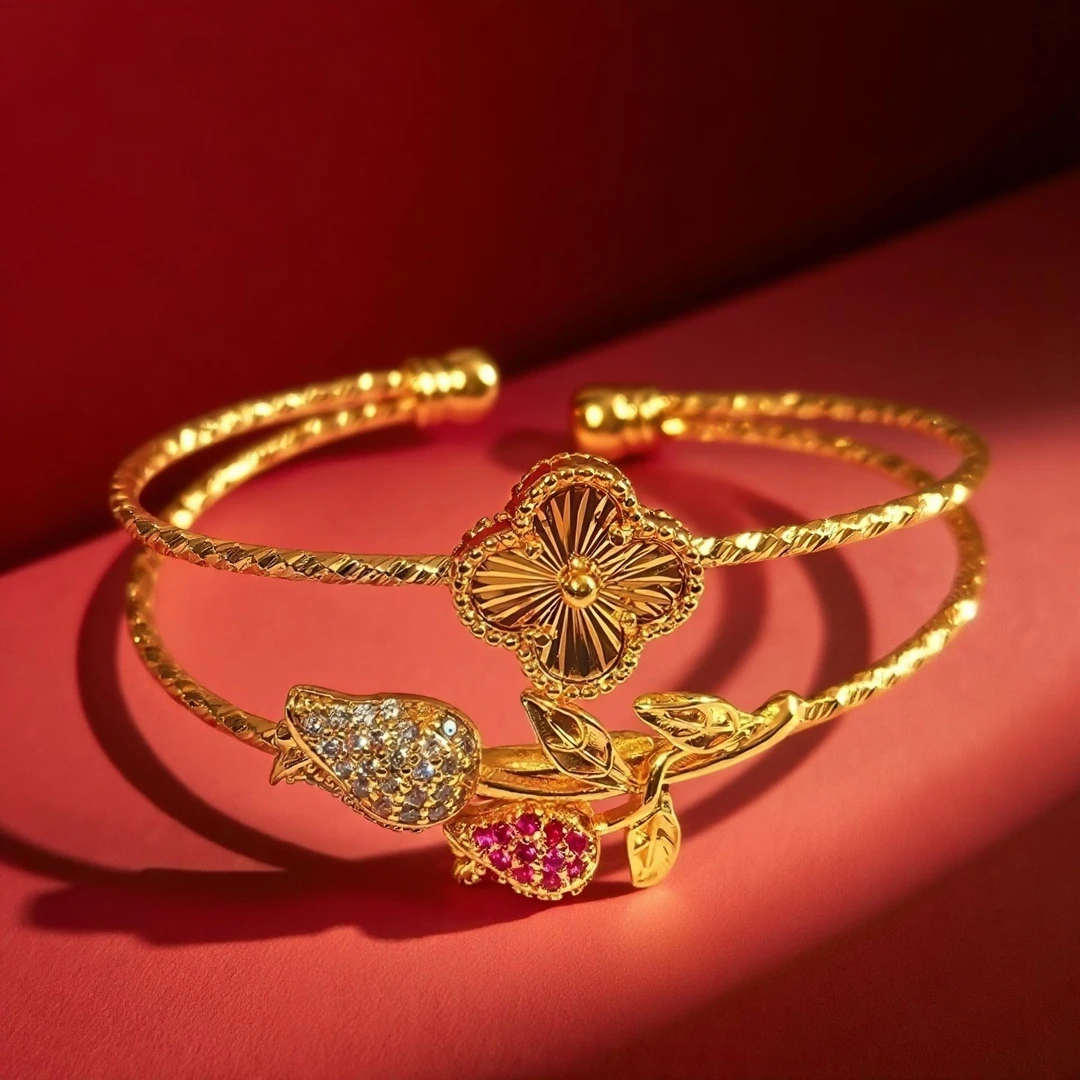 黄铜手镯 创意设计时尚镶钻玫瑰花四叶草开口手镯送妈妈礼物手环