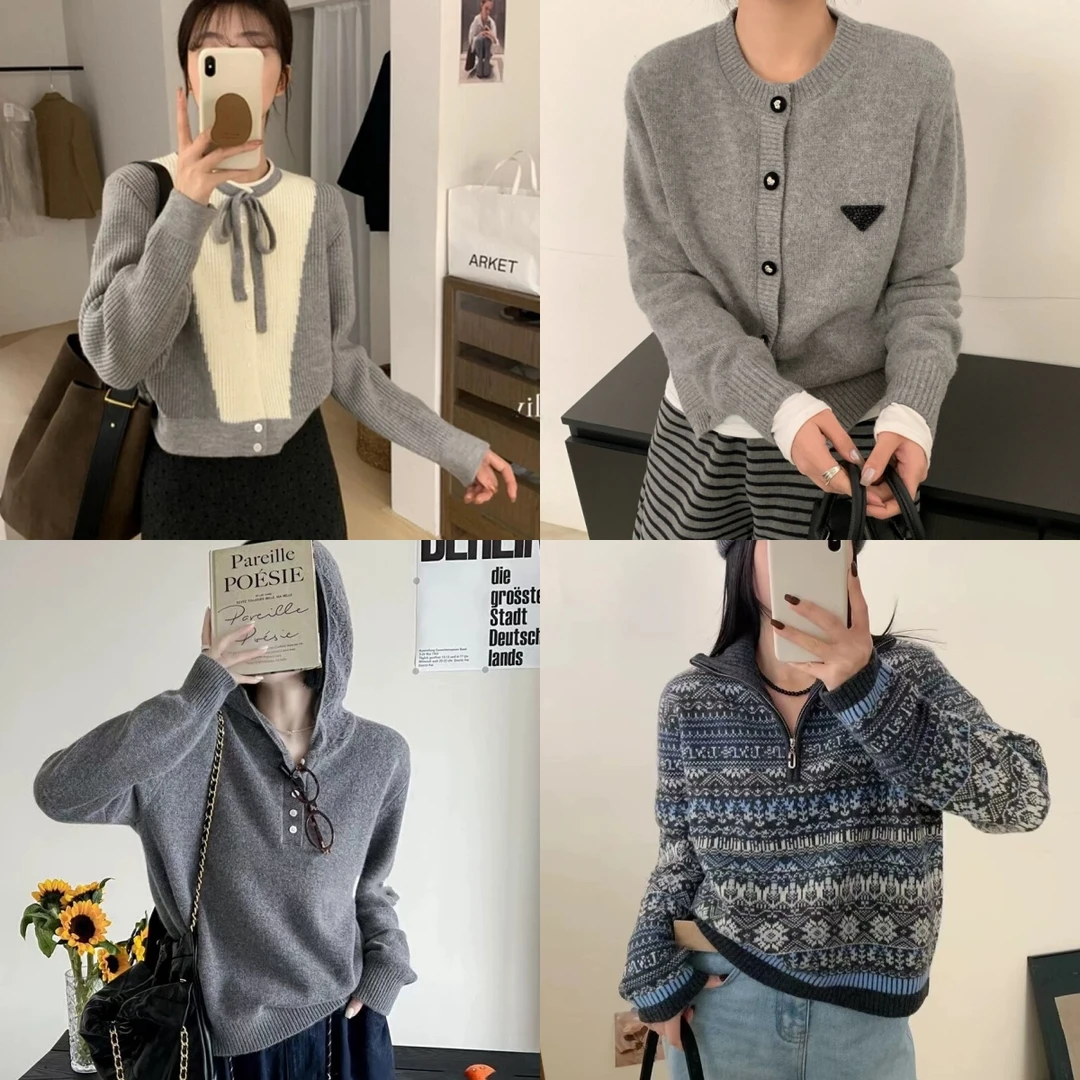 （01-50）秋冬时尚百搭灰色毛衣女宽松长袖针织衫外套洋气打底衫女