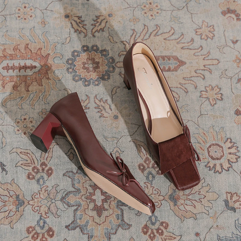 秋冬新款牛皮真皮粗跟单鞋法式复古酒红婚鞋气质方头高跟鞋6368-8
