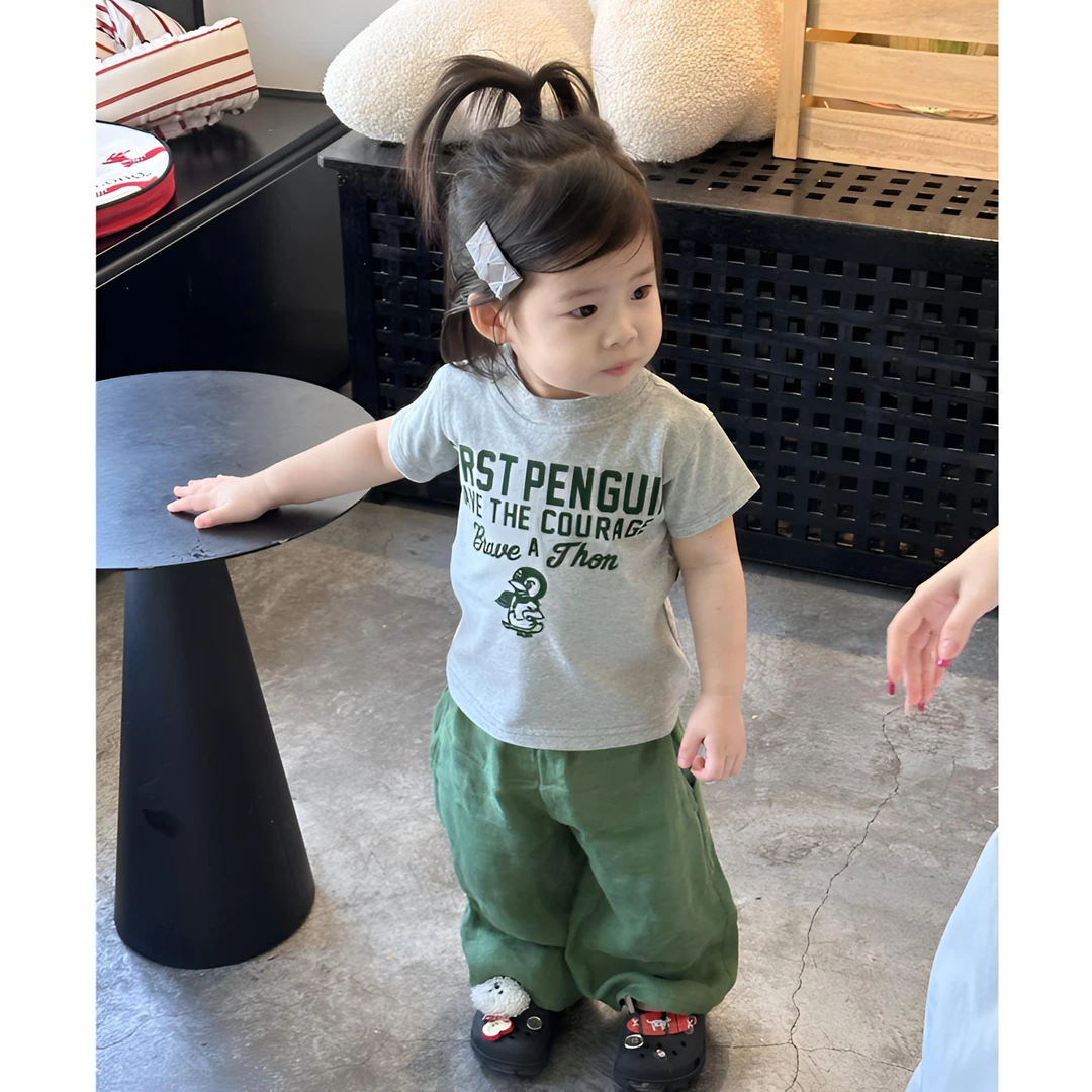 现货2025夏季新款韩版女童灰色短袖绿色休闲裤宝宝舒适套装