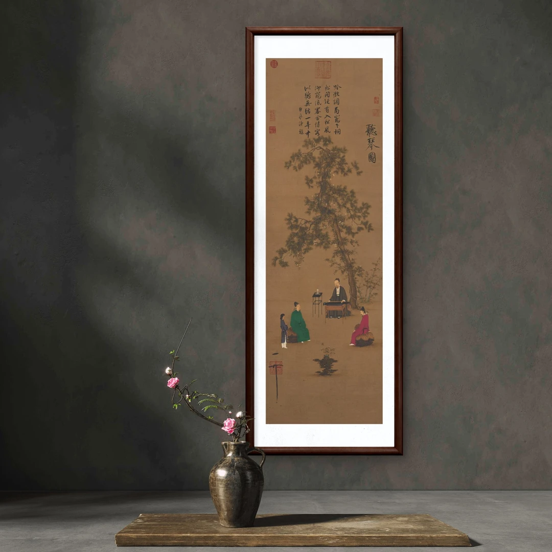 280-35*95听琴图中式装饰画实木框玄关书房茶室客厅挂画