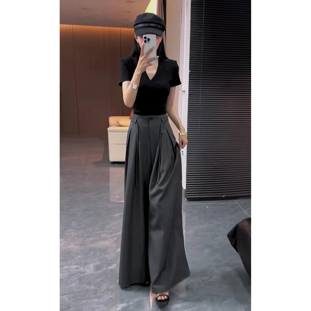 高腰阔腿马面裤时尚百搭压褶垂感显瘦微辣拖地长裤休闲裤