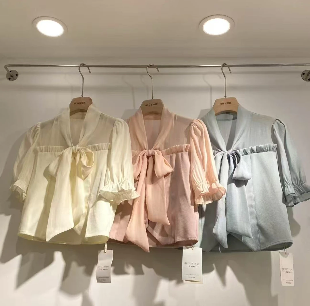 网纱百搭蝴蝶结短袖雪纺衬衫女夏季NN52018  ZB