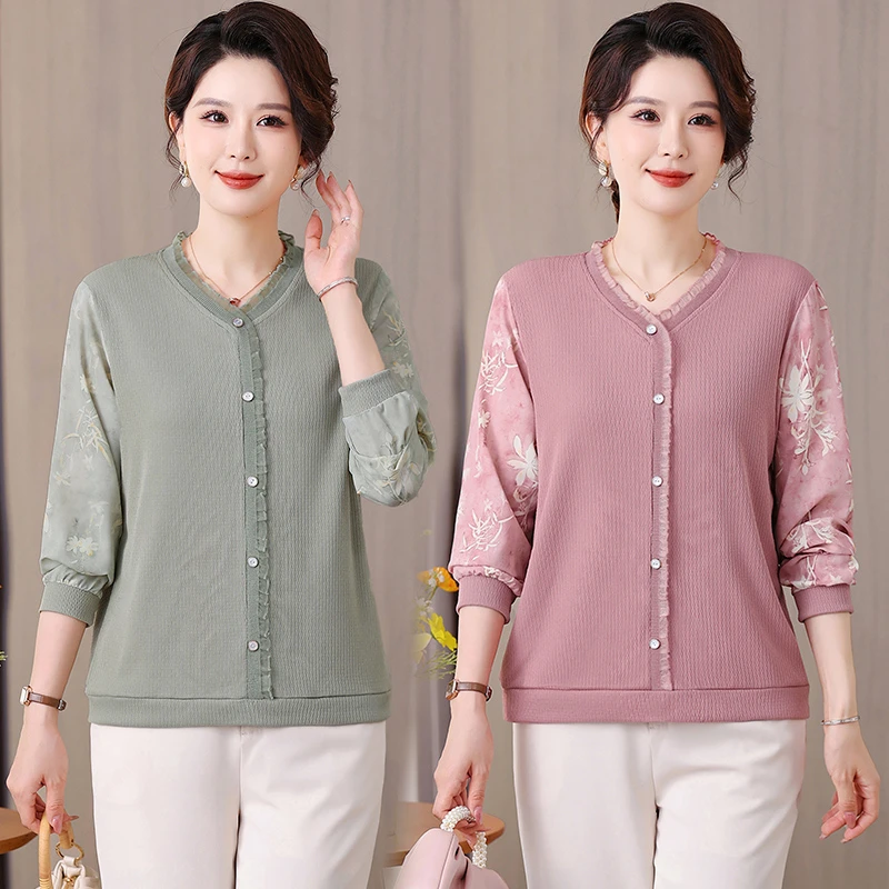 妈妈秋装长袖T恤上衣新款薄中老年女春秋小衫时尚洋气百搭打底衫