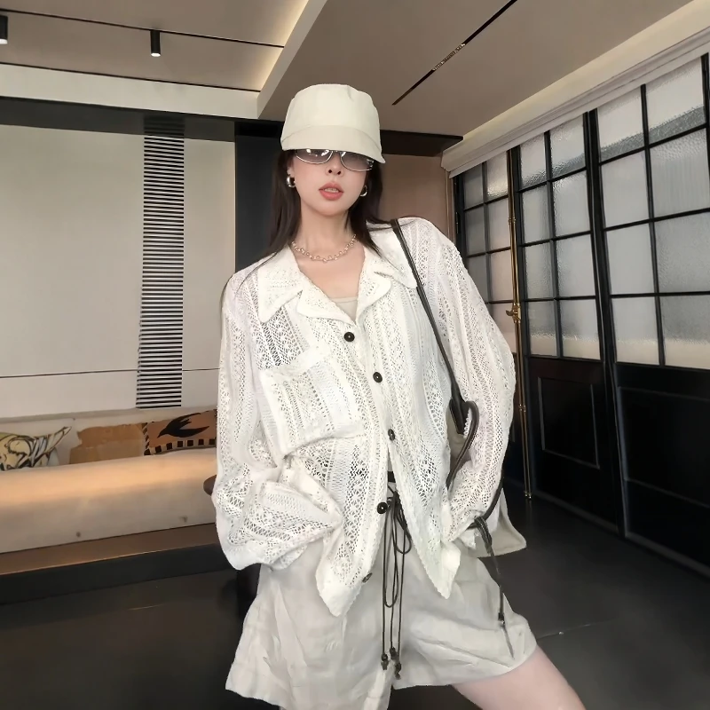 韩系chic别致镂空长袖衬衫外套女夏季设计感宽松显瘦防晒开衫上衣