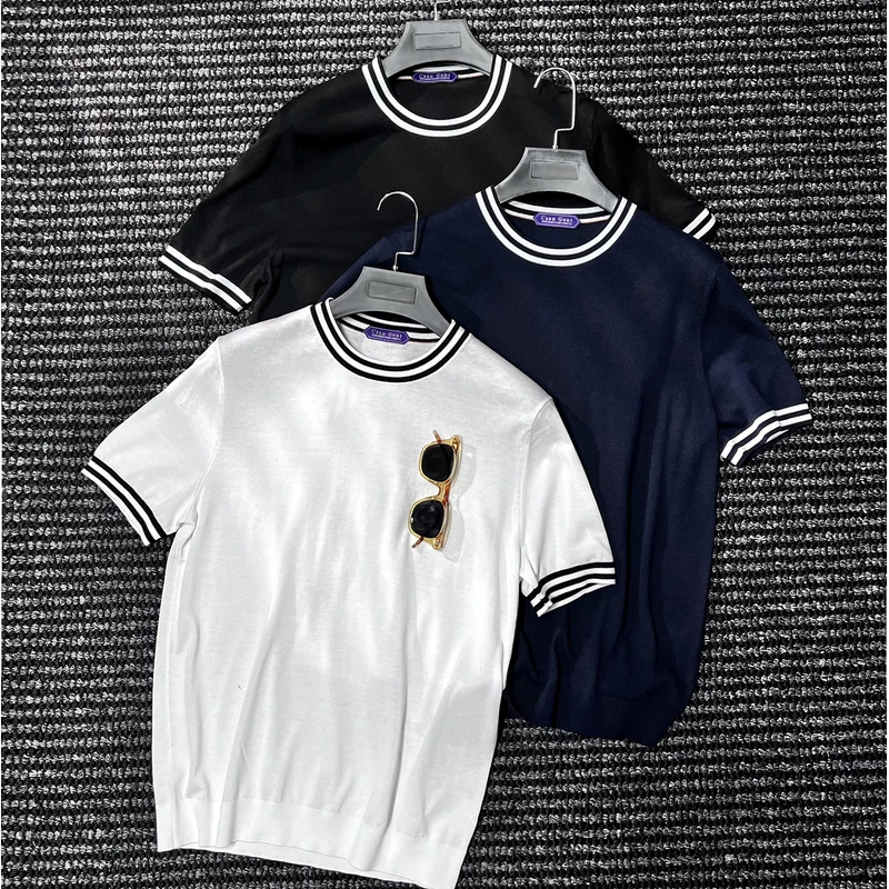 CssuGent绅士优雅高端16针桑蚕丝亚麻针织短袖T恤男休闲绅士体恤