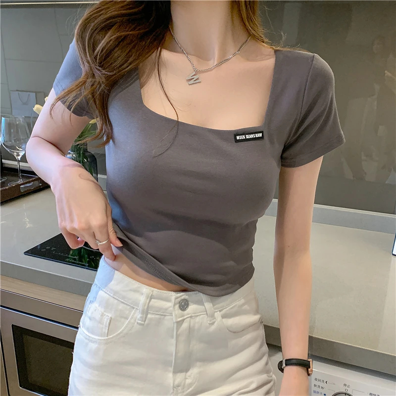 灰色纯欲风短袖T恤女2025夏季设计感小众露锁骨方领正肩短款上衣