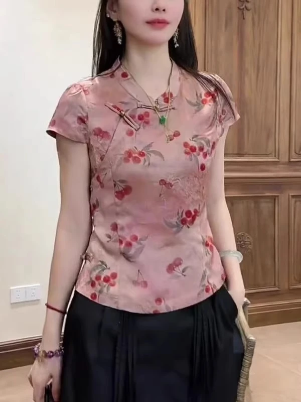 新中式国风轻奢洋气刺绣印花短袖小衫夏季复古显瘦斜襟盘扣上衣女