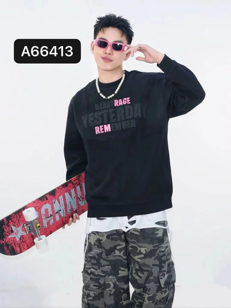 978-980 男女潮牌秋款水洗扎染刺绣圆领长袖打底卫衣 WYA666413
