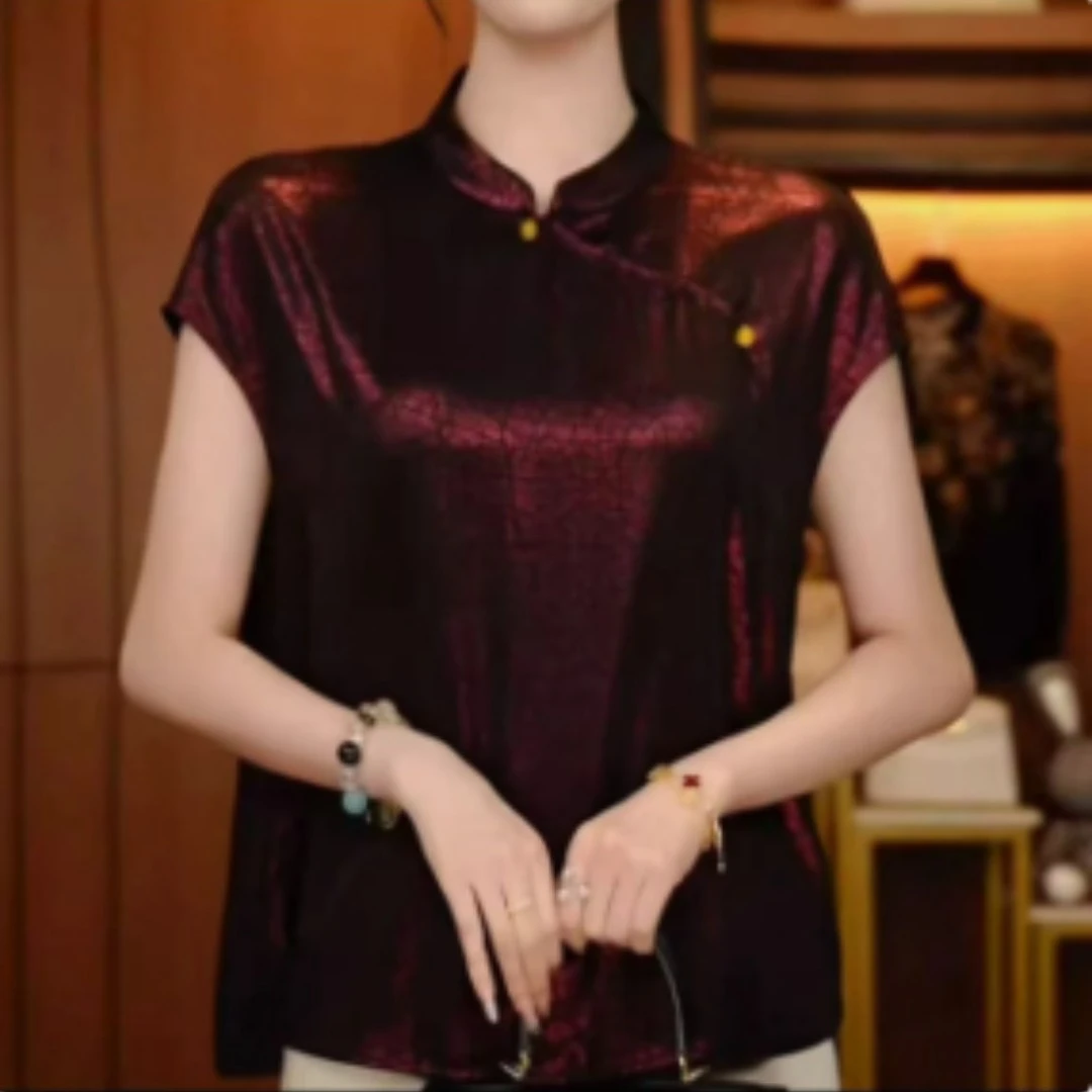 新中式夏季轻薄冰麻弹力印花遮肚子显瘦时尚百搭气质小衫