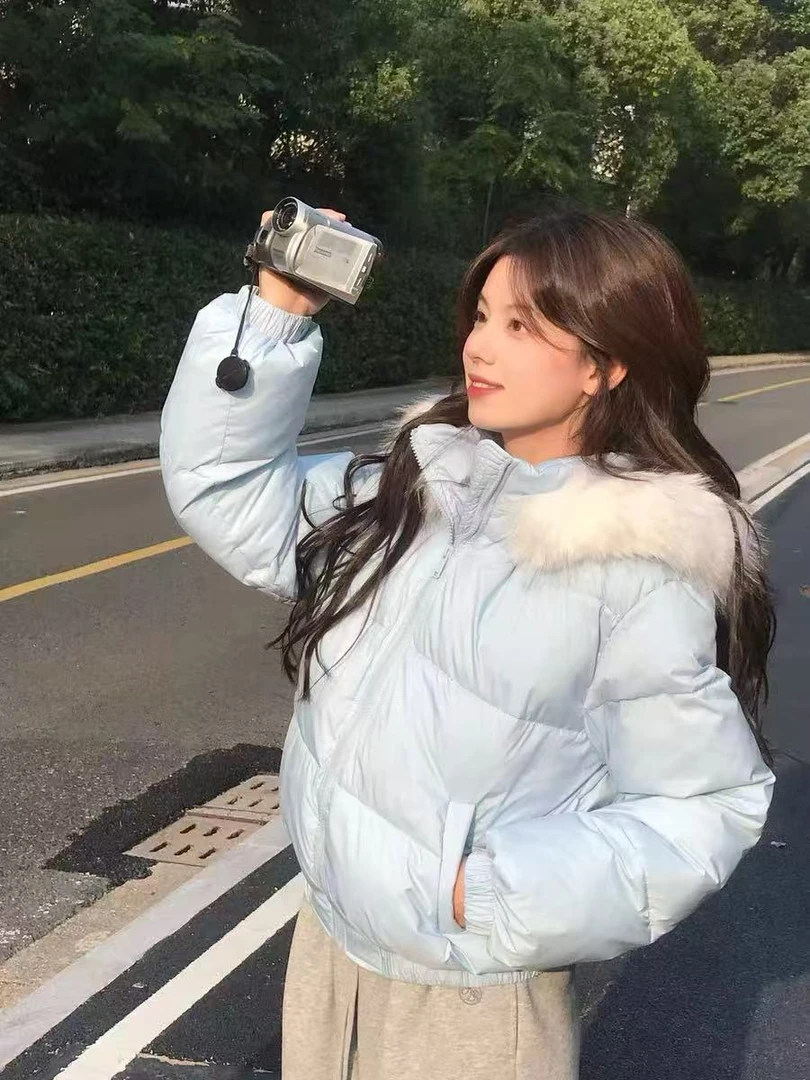 原创毛领连帽棉服简约2025百搭宽松棉服时尚保暖加厚棉衣外套