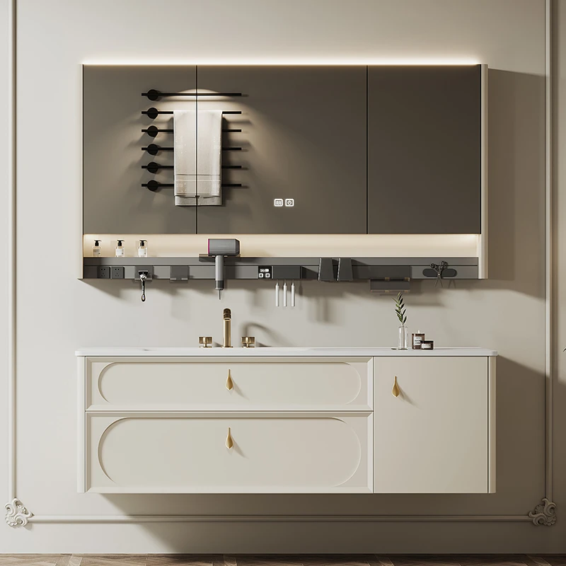 铂帝斯金叶女神>法式奶油风浴室柜橡胶木烤漆多功能镜柜FC003