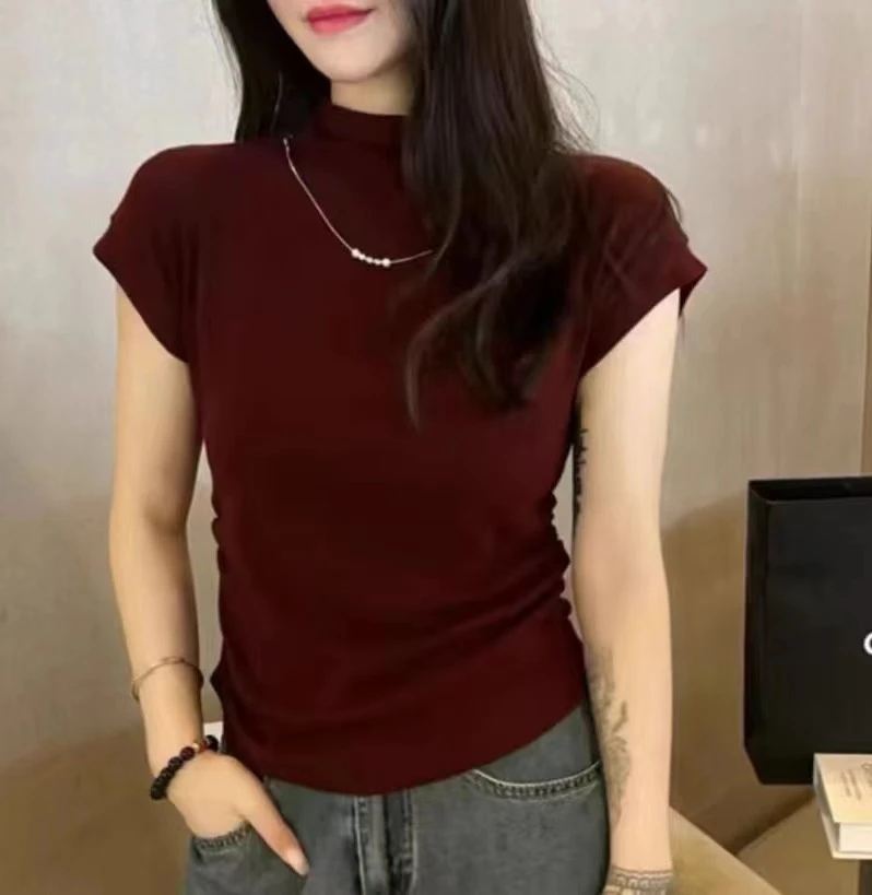 夏季半高领短袖T恤纯色百搭韩版显瘦修身春夏打底衫女内搭t恤上衣